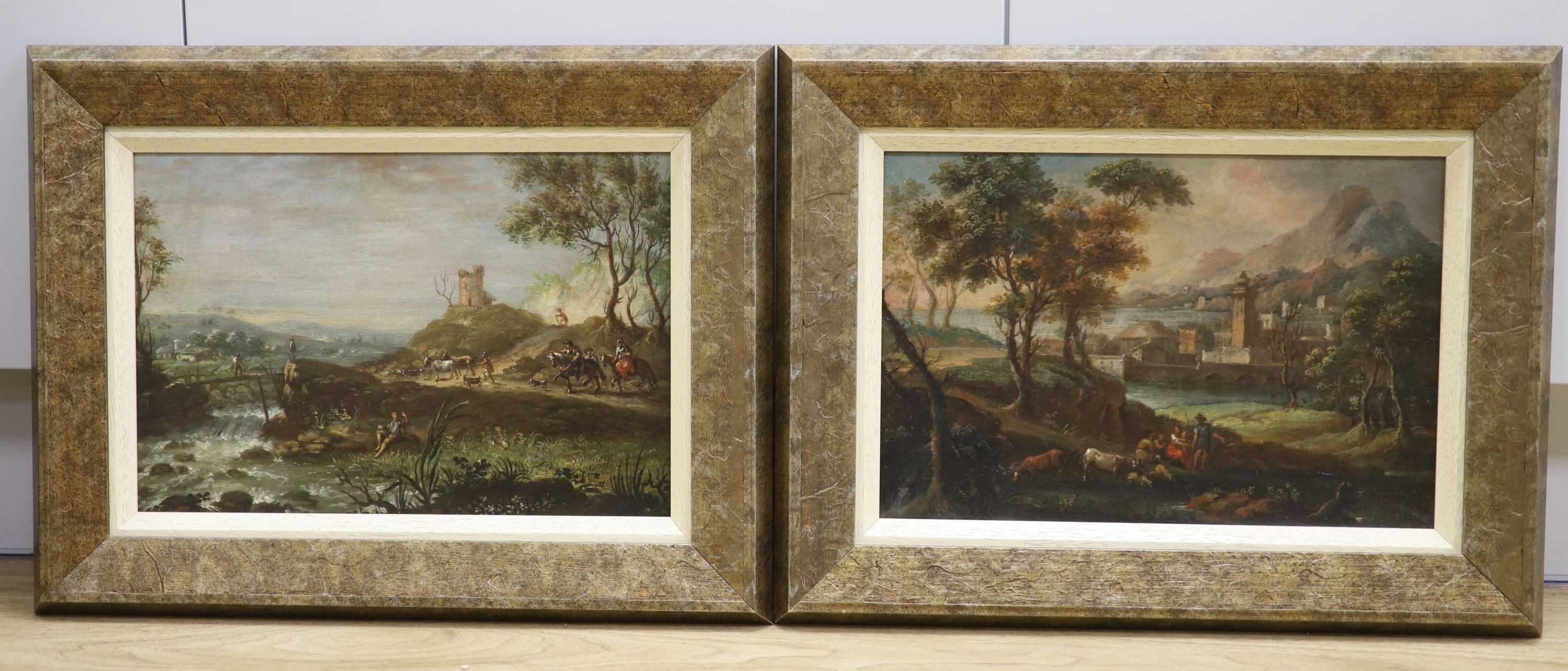 Italian School, pair of oils on board, 17th century landscapes with travellers and cattle drover, 22 x 33cm